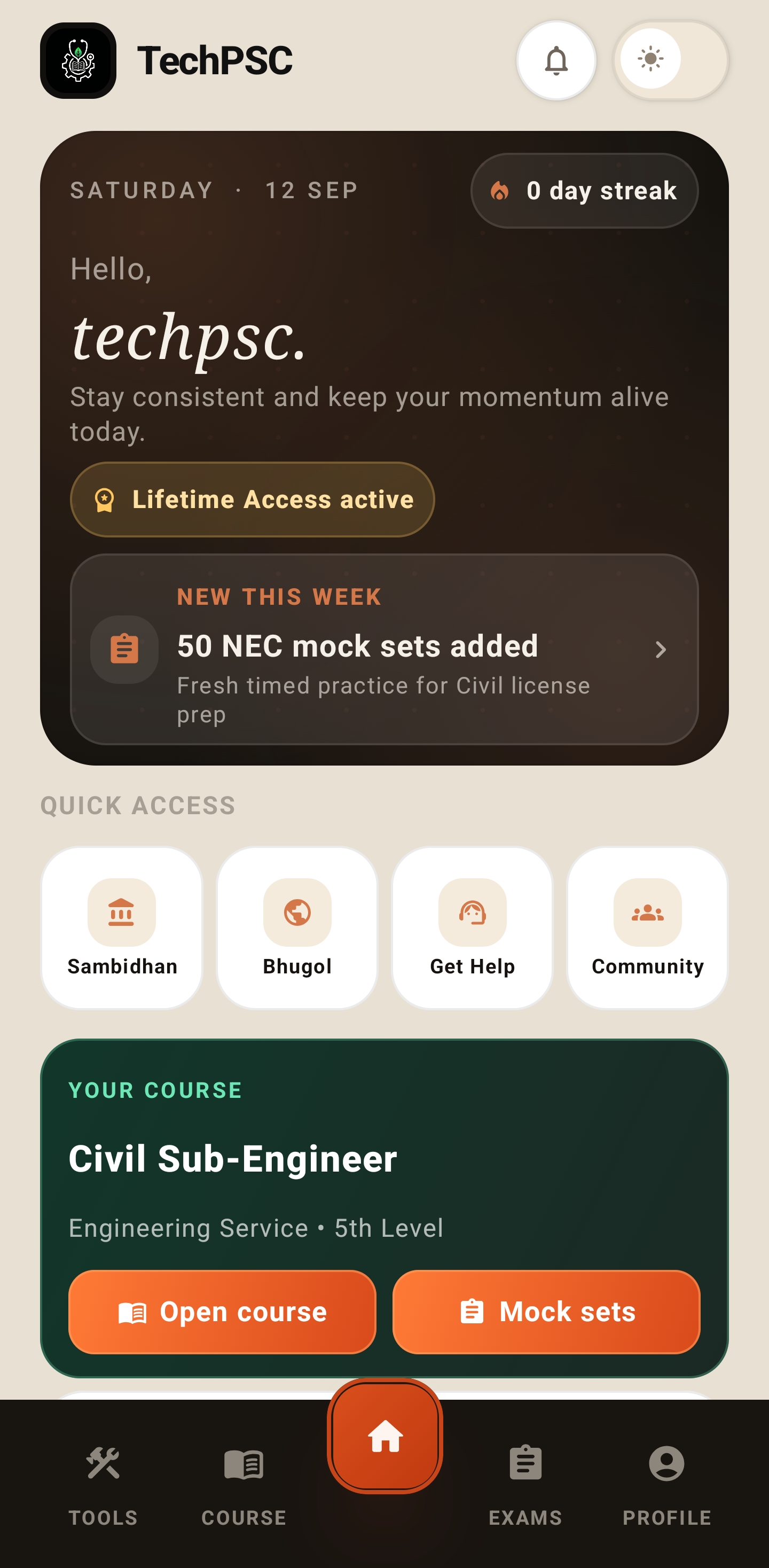 TechPSC app home dashboard